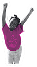 Young girl in a pink Girls on the Run t-shirt raising both arms in celebration